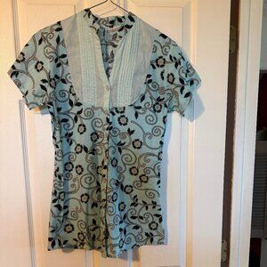 Women's turquoise and black cotton print shirt, short-sleeved, size small